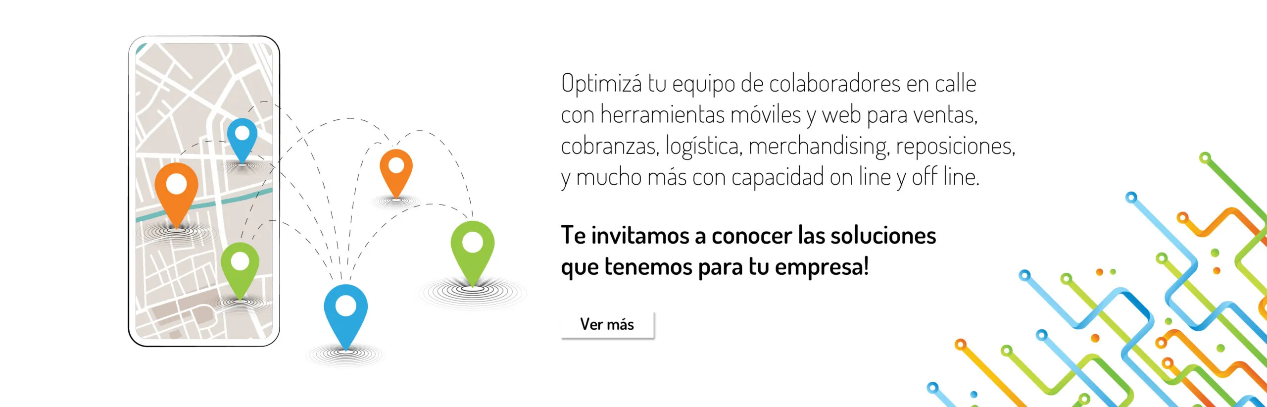 Celular con un mapa y marcadores de ubicación en naranja, celeste y verde